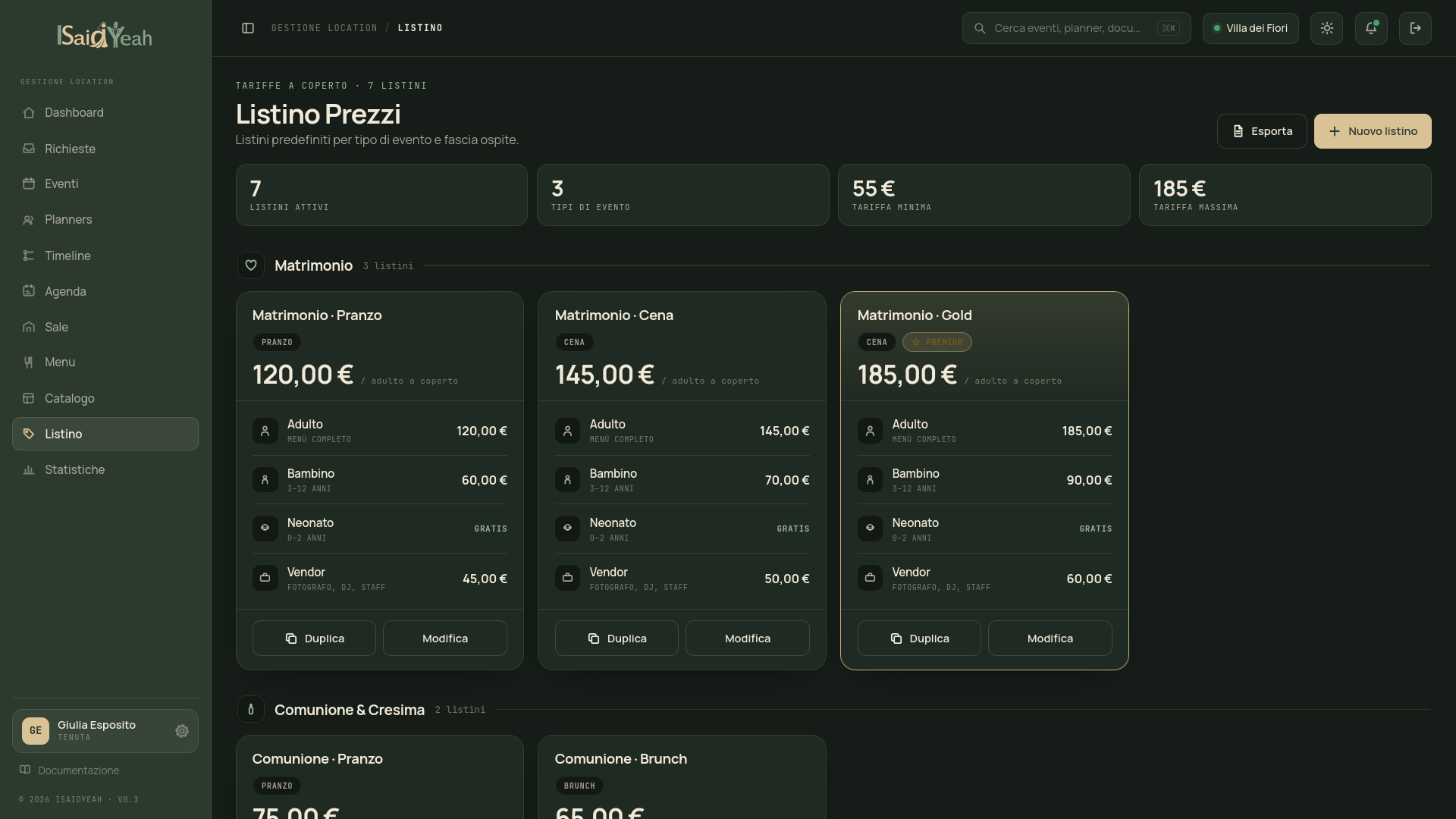 Price list by event type