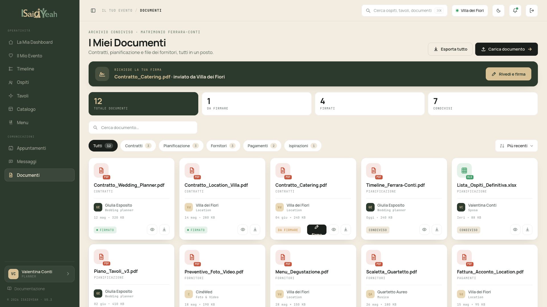 Pagina Documenti del planner
