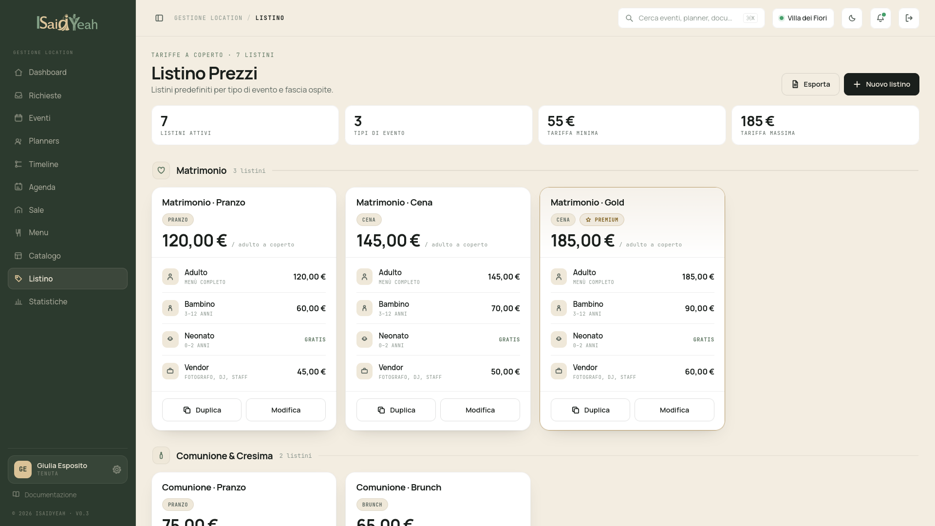 Price list by event type